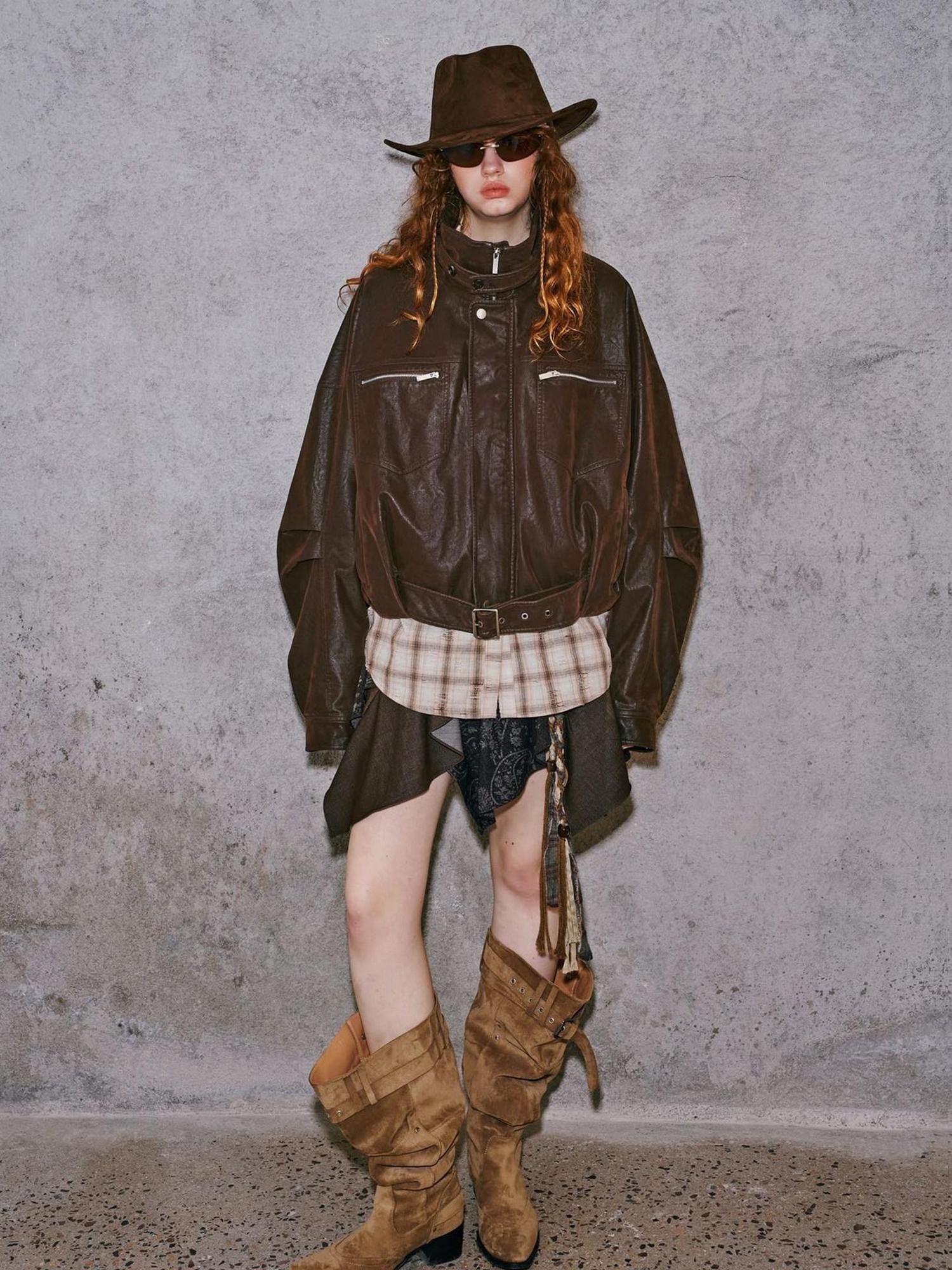 DIDDI MODA Suede Texture Petal Hem Loose Biker Women&