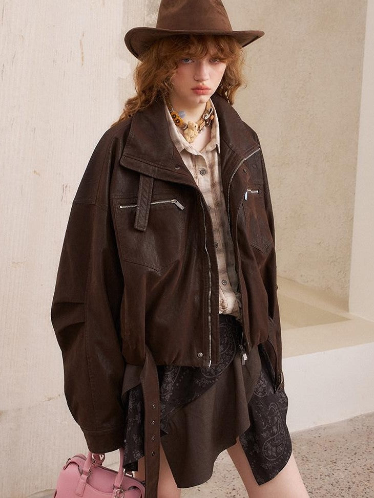 DIDDI MODA Suede Texture Petal Hem Loose Biker Women&