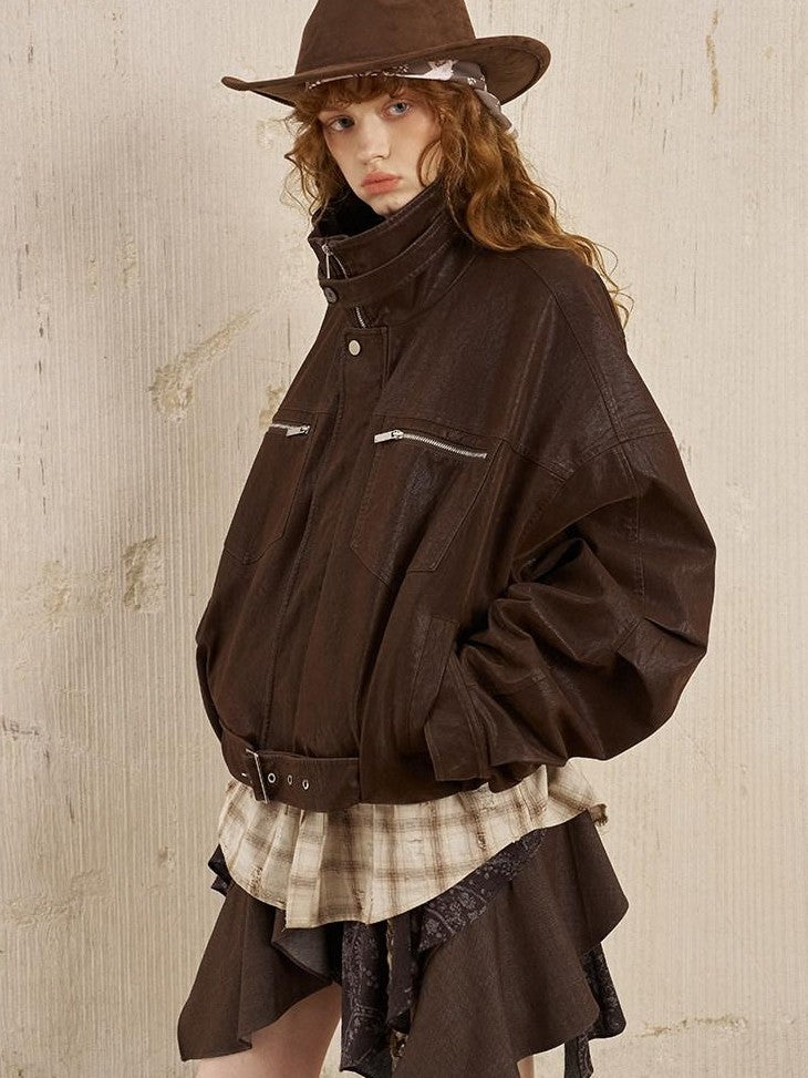 DIDDI MODA Suede Texture Petal Hem Loose Biker Women&