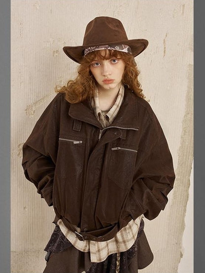 DIDDI MODA Suede Texture Petal Hem Loose Biker Women&