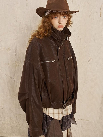 DIDDI MODA Suede Texture Petal Hem Loose Biker Women&