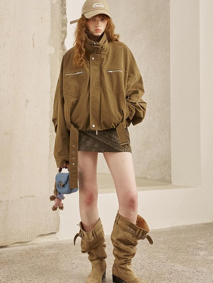 DIDDI MODA Suede Texture Petal Hem Loose Biker Women&