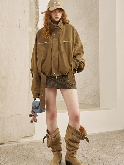 DIDDI MODA Suede Texture Petal Hem Loose Biker Women&
