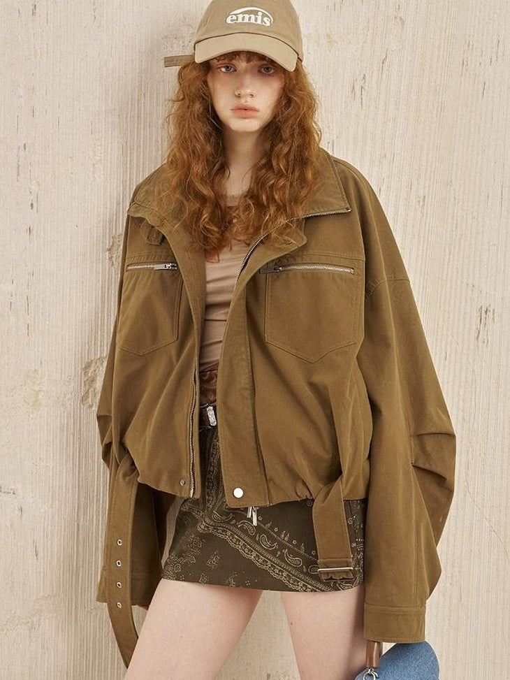 DIDDI MODA Suede Texture Petal Hem Loose Biker Women&