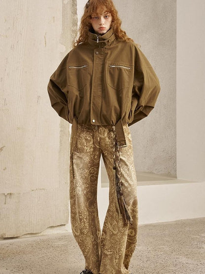 DIDDI MODA Suede Texture Petal Hem Loose Biker Women&