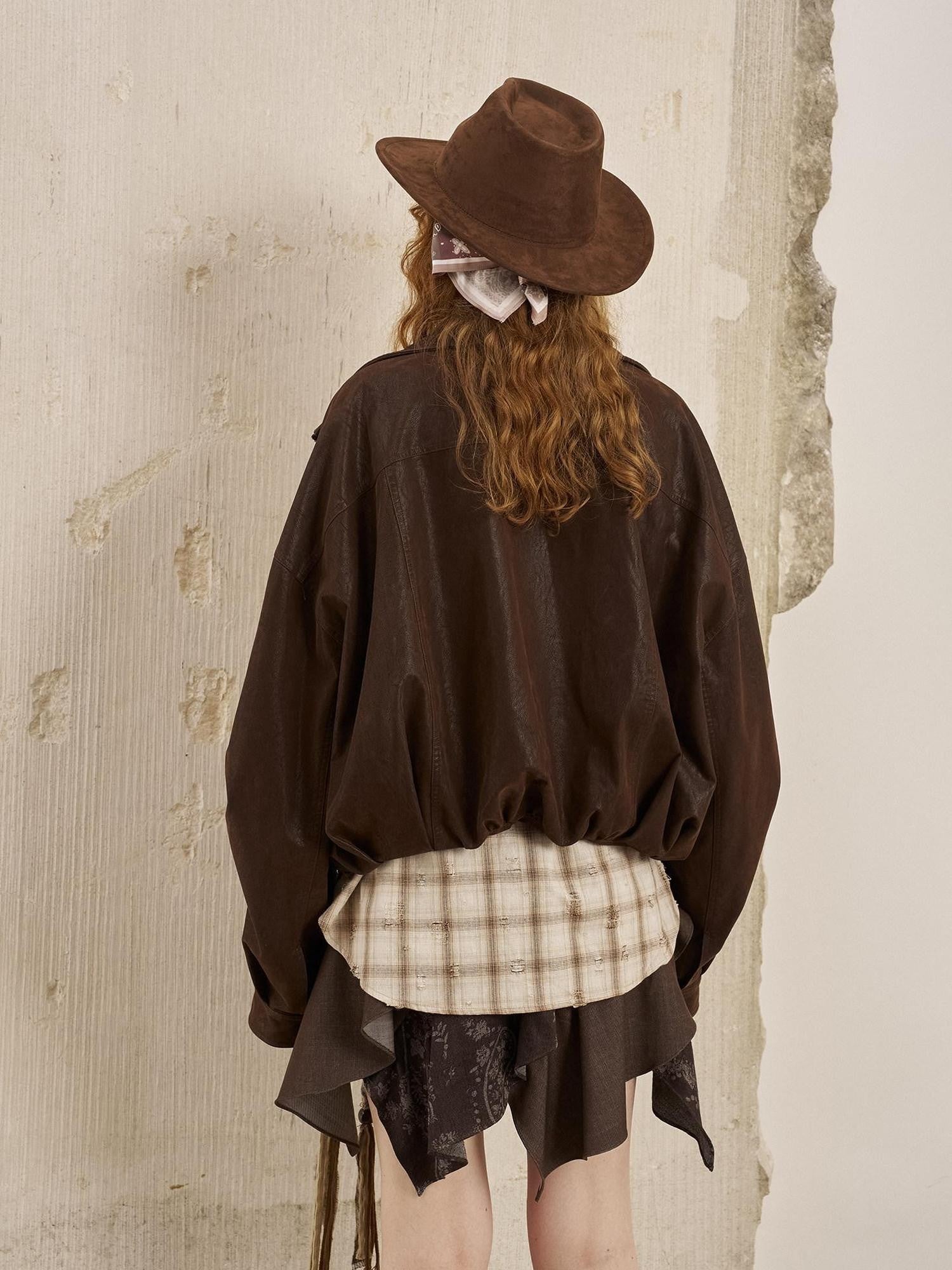 DIDDI MODA Suede Texture Petal Hem Loose Biker Women&