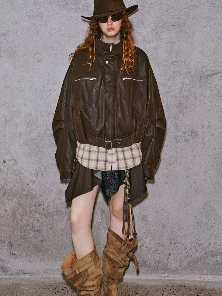 DIDDI MODA Suede Texture Petal Hem Loose Biker Women&