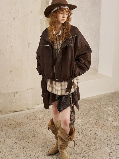 DIDDI MODA Suede Texture Petal Hem Loose Biker Women&