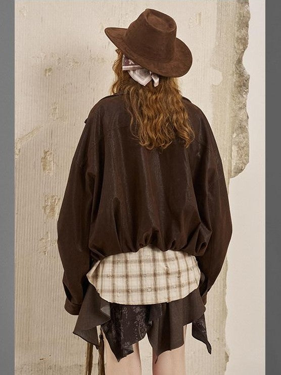 DIDDI MODA Suede Texture Petal Hem Loose Biker Women&