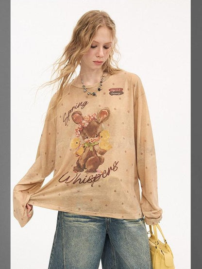 DIDDI MODA Sunset Yellow Polka Dot Cartoon Rabbit Print Loose Women&