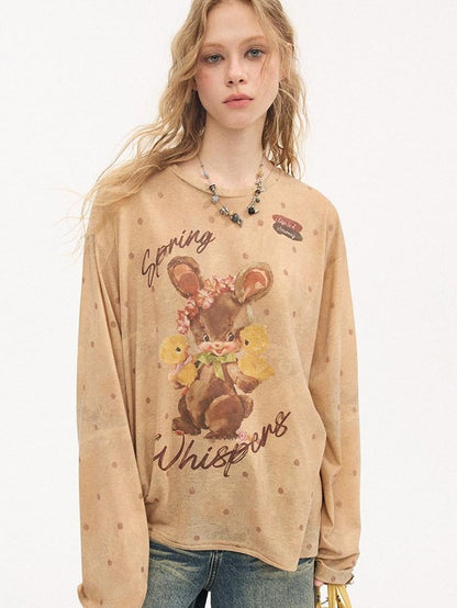 DIDDI MODA Sunset Yellow Polka Dot Cartoon Rabbit Print Loose Women&