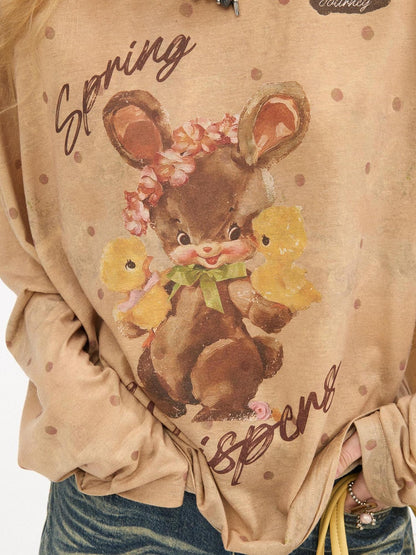 DIDDI MODA Sunset Yellow Polka Dot Cartoon Rabbit Print Loose Women&
