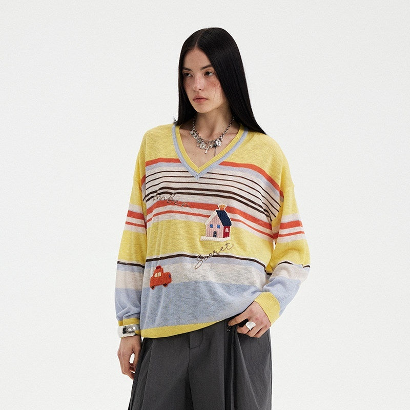 DIDDI_MODA_Sunset_Yellow_Striped_Embroidered_V-neck_Women&