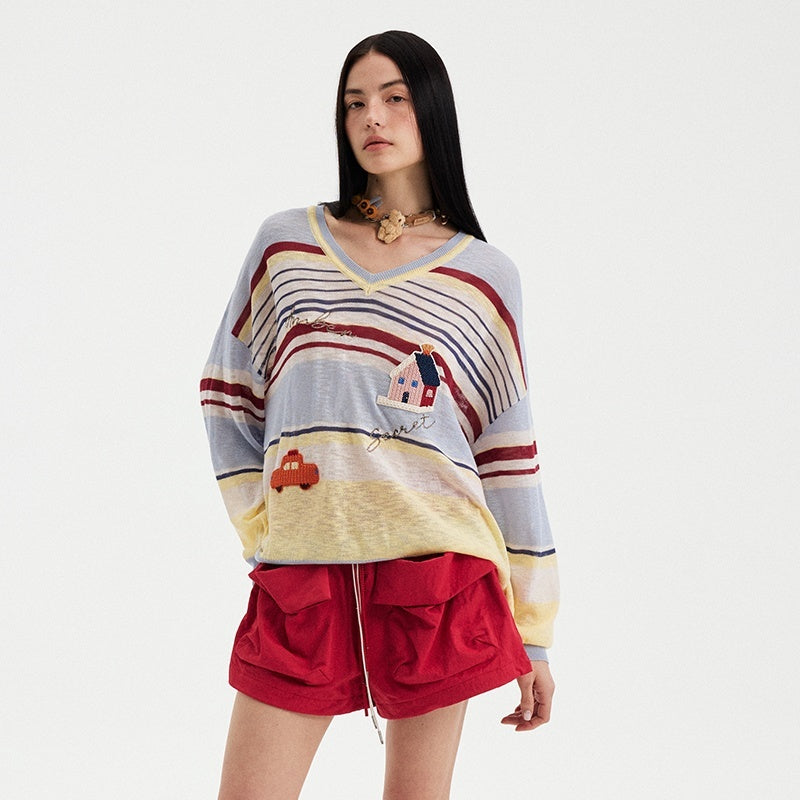 DIDDI_MODA_Sunset_Yellow_Striped_Embroidered_V-neck_Women&