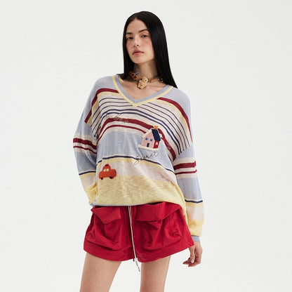 DIDDI_MODA_Sunset_Yellow_Striped_Embroidered_V-neck_Women&