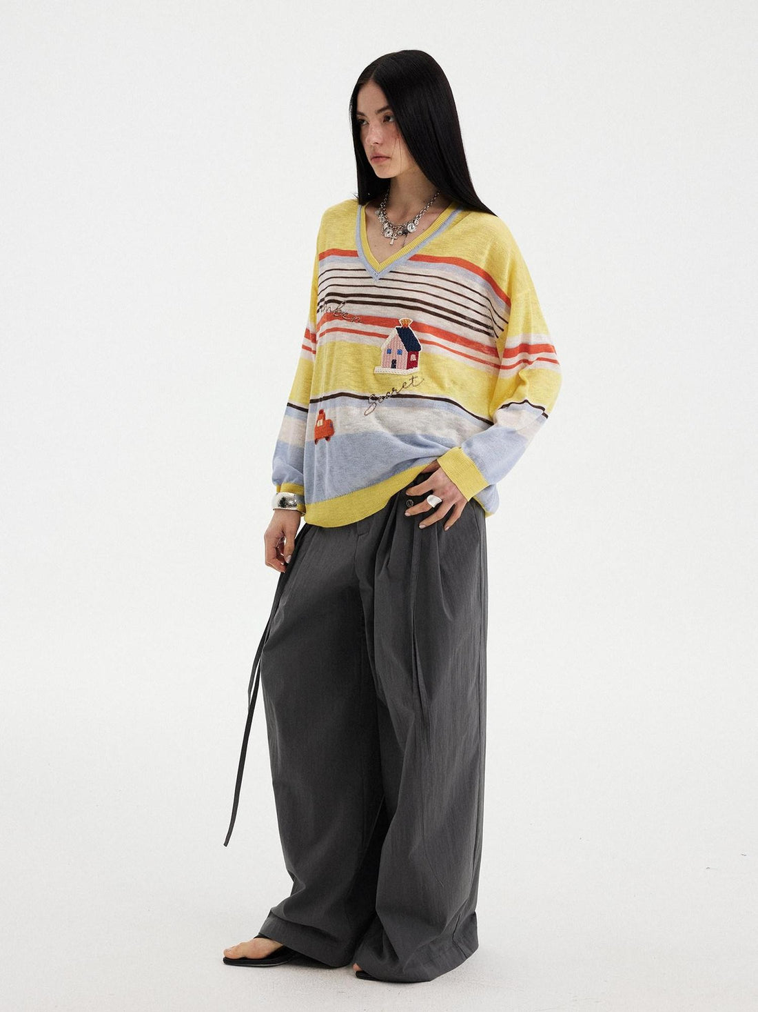 DIDDI MODA Sunset Yellow Striped Embroidered V-neck Women&