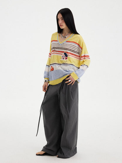 DIDDI MODA Sunset Yellow Striped Embroidered V-neck Women&