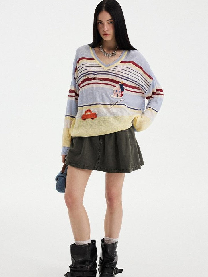 DIDDI MODA Sunset Yellow Striped Embroidered V-neck Women&