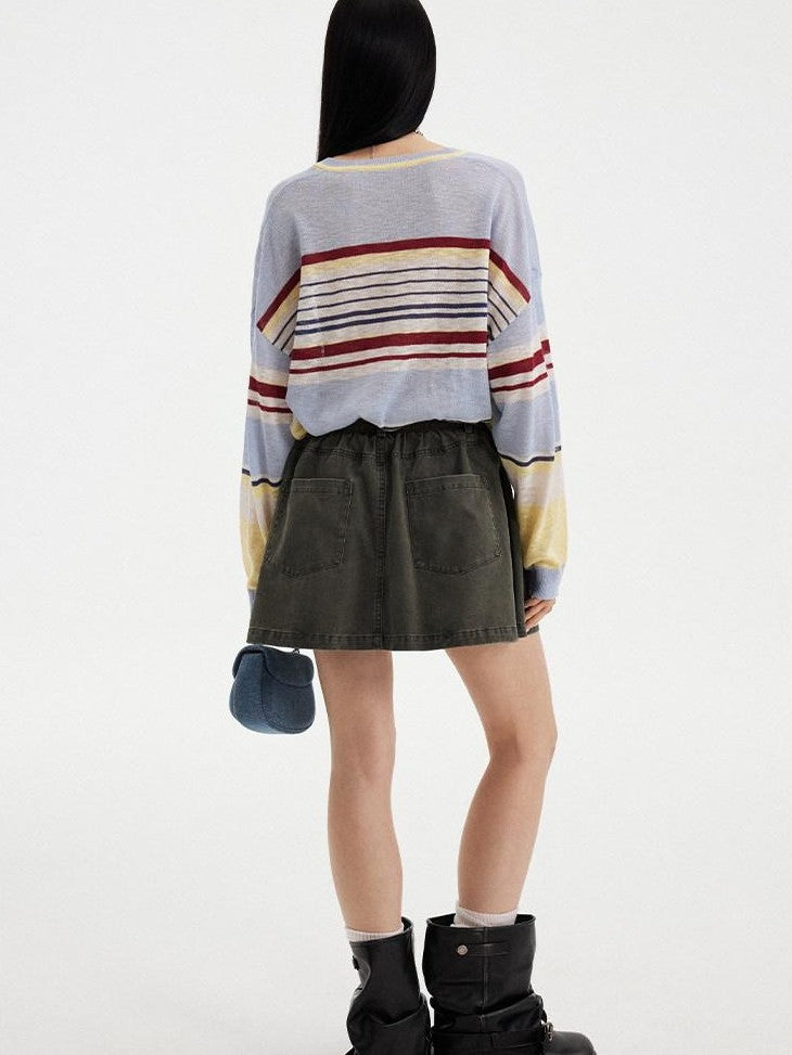 DIDDI MODA Sunset Yellow Striped Embroidered V-neck Women&