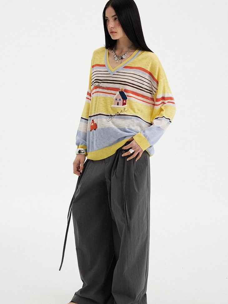 DIDDI MODA Sunset Yellow Striped Embroidered V-neck Women&