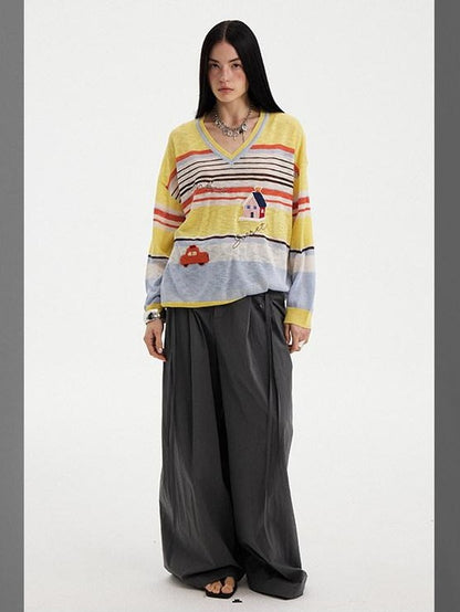 DIDDI MODA Sunset Yellow Striped Embroidered V-neck Women&