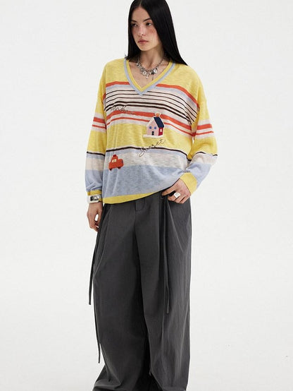 DIDDI MODA Sunset Yellow Striped Embroidered V-neck Women&