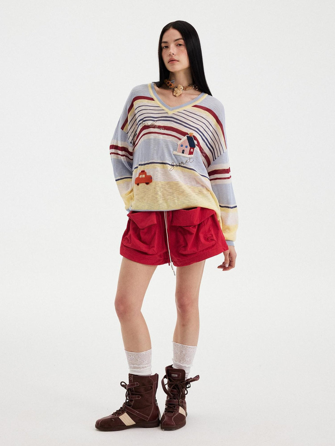 DIDDI MODA Sunset Yellow Striped Embroidered V-neck Women&