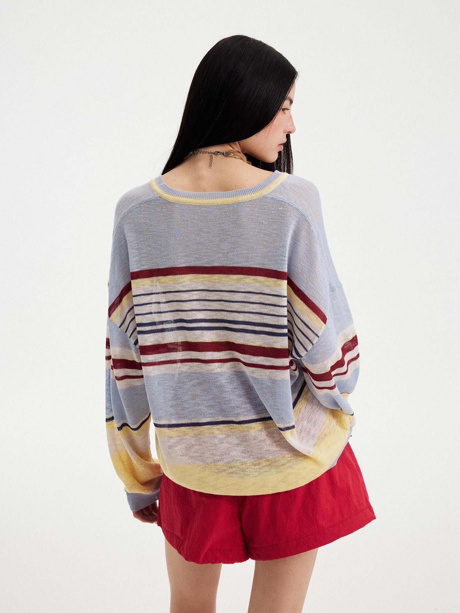 DIDDI MODA Sunset Yellow Striped Embroidered V-neck Women&