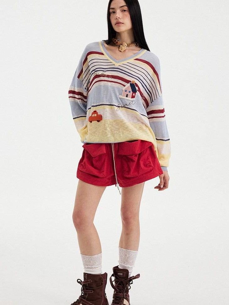 DIDDI MODA Sunset Yellow Striped Embroidered V-neck Women&