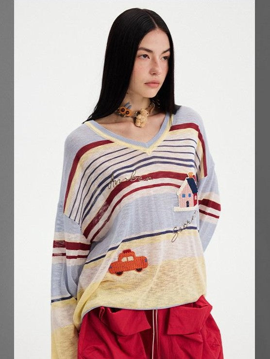 DIDDI MODA Sunset Yellow Striped Embroidered V-neck Women&