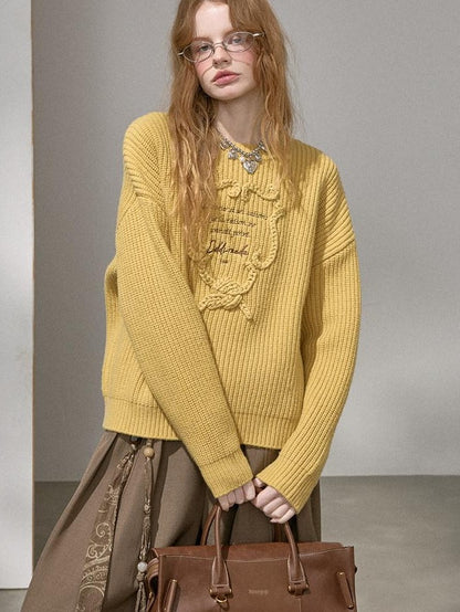 DIDDI MODA Tapestry Letter Embroidery Chunky Knit Women&