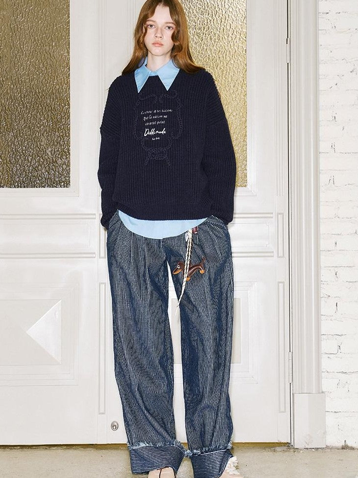 DIDDI MODA Tapestry Letter Embroidery Chunky Knit Women&