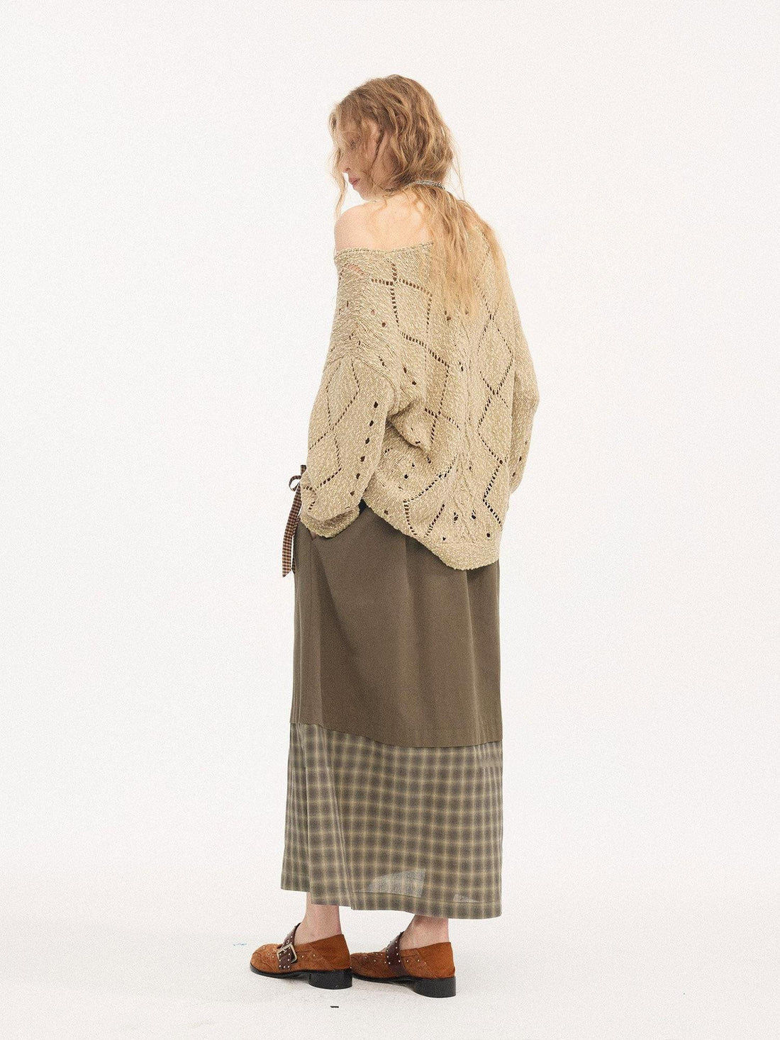 DIDDI MODA Tea Green Plaid Patchwork Foldover Waist Women&