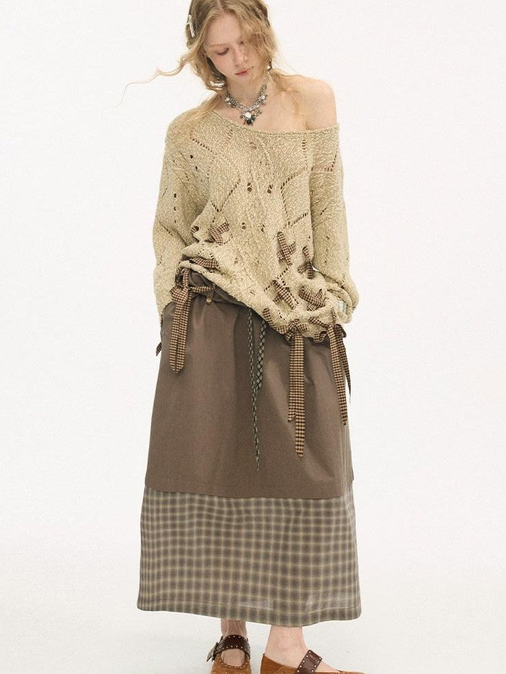 DIDDI MODA Tea Green Plaid Patchwork Foldover Waist Women&