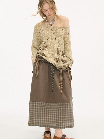 DIDDI MODA Tea Green Plaid Patchwork Foldover Waist Women&