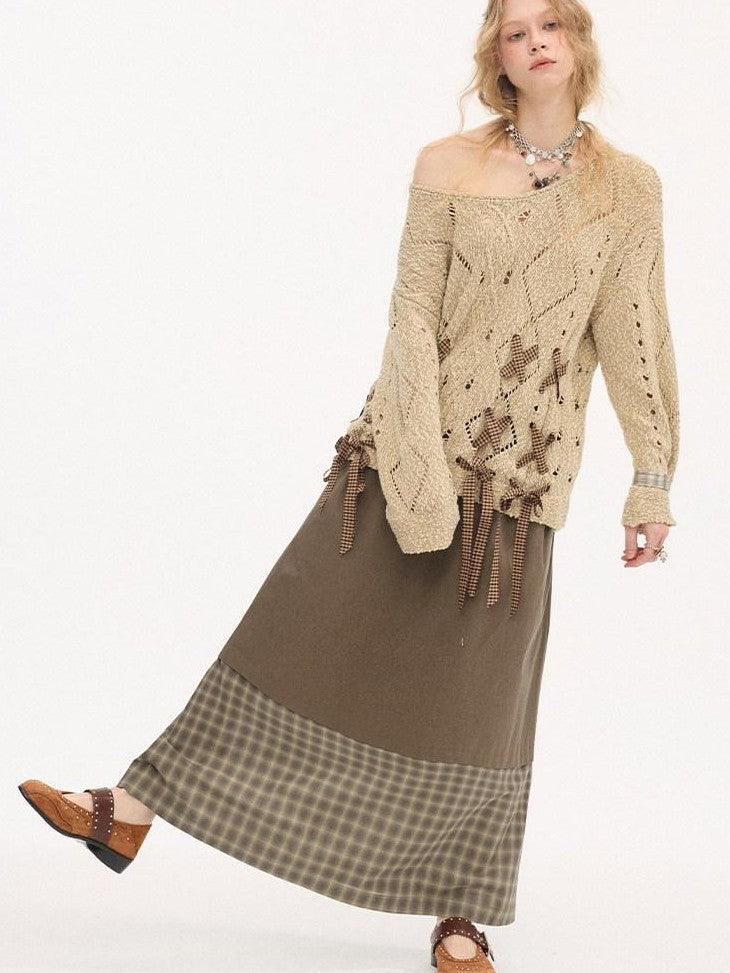 DIDDI MODA Tea Green Plaid Patchwork Foldover Waist Women&