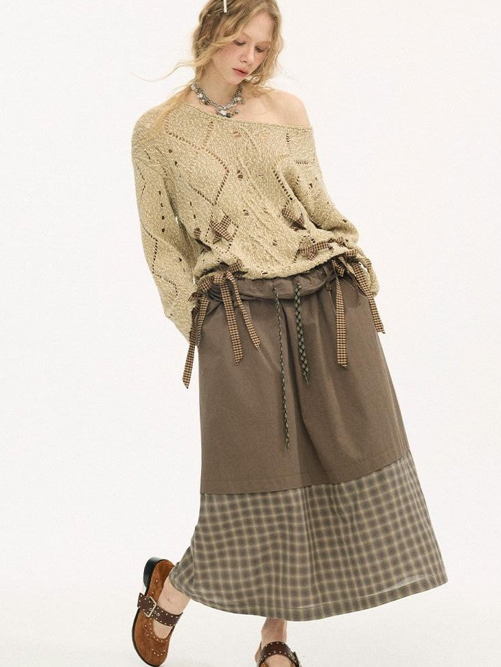 DIDDI MODA Tea Green Plaid Patchwork Foldover Waist Women&