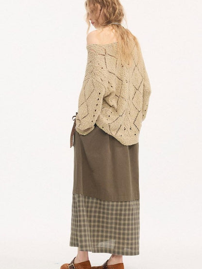 DIDDI MODA Tea Green Plaid Patchwork Foldover Waist Women&