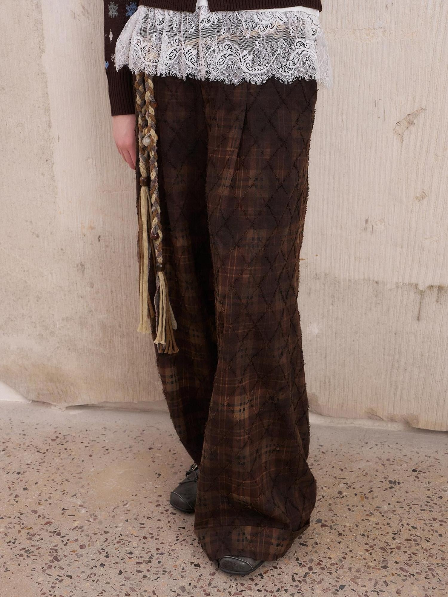 DIDDI MODA Textured Plaid Cuffed Relaxed Straight Women&