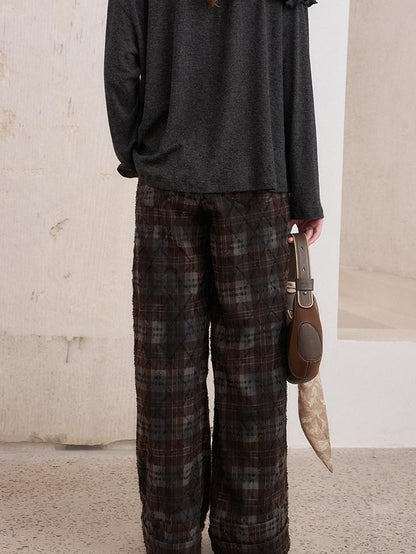 DIDDI MODA Textured Plaid Cuffed Relaxed Straight Women&