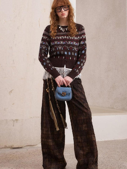 DIDDI MODA Textured Plaid Cuffed Relaxed Straight Women&
