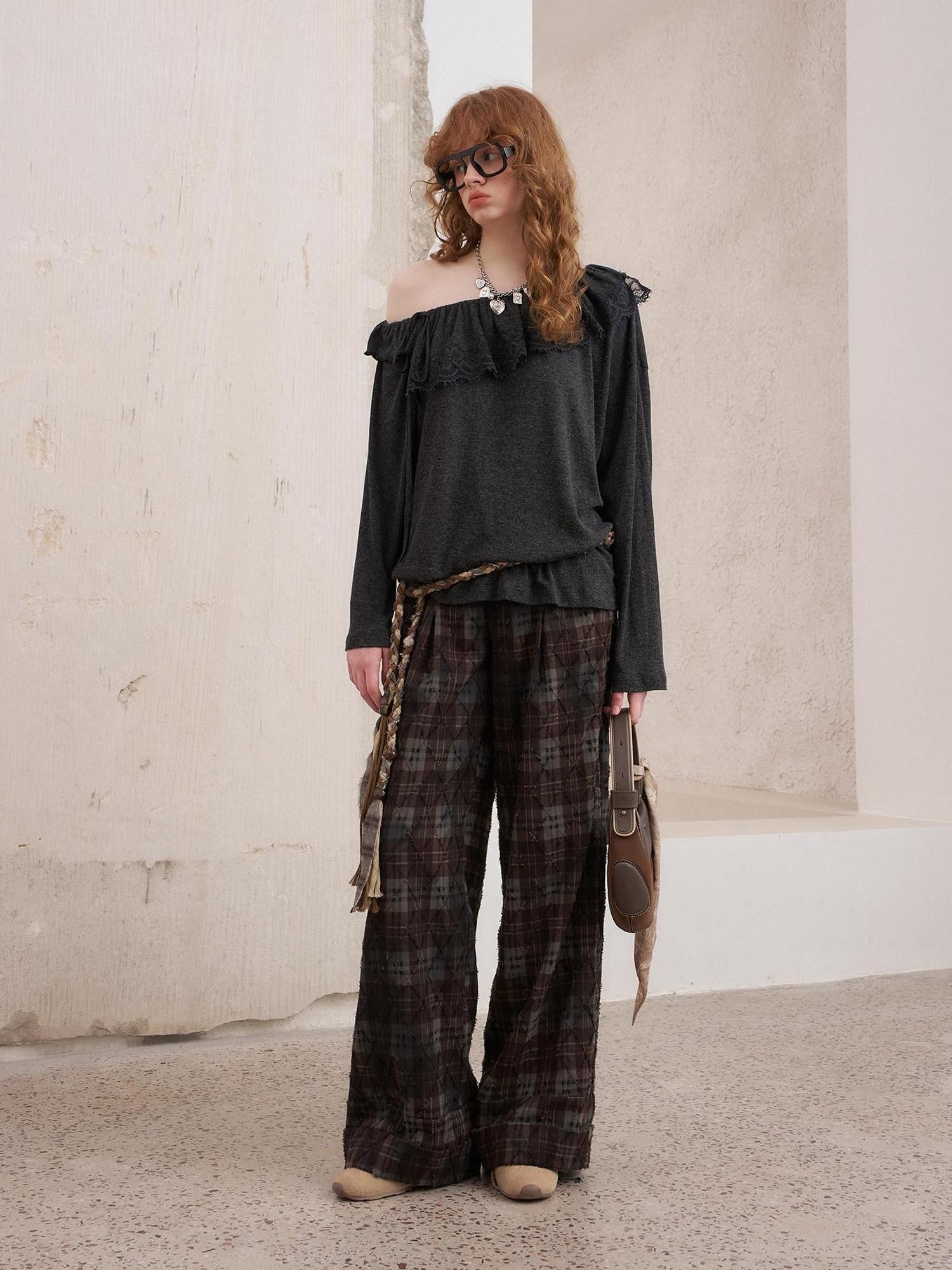 DIDDI MODA Textured Plaid Cuffed Relaxed Straight Women&
