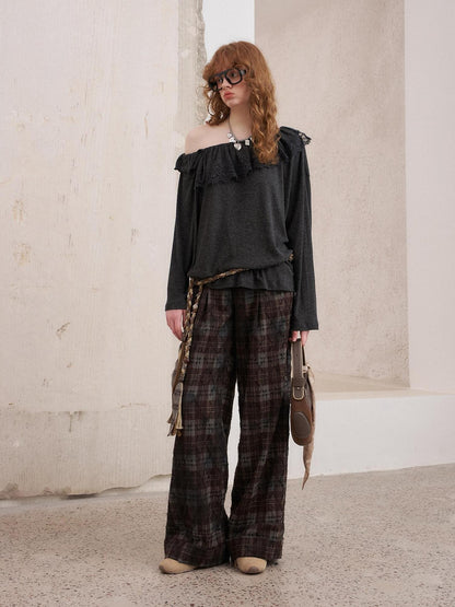 DIDDI MODA Textured Plaid Cuffed Relaxed Straight Women&