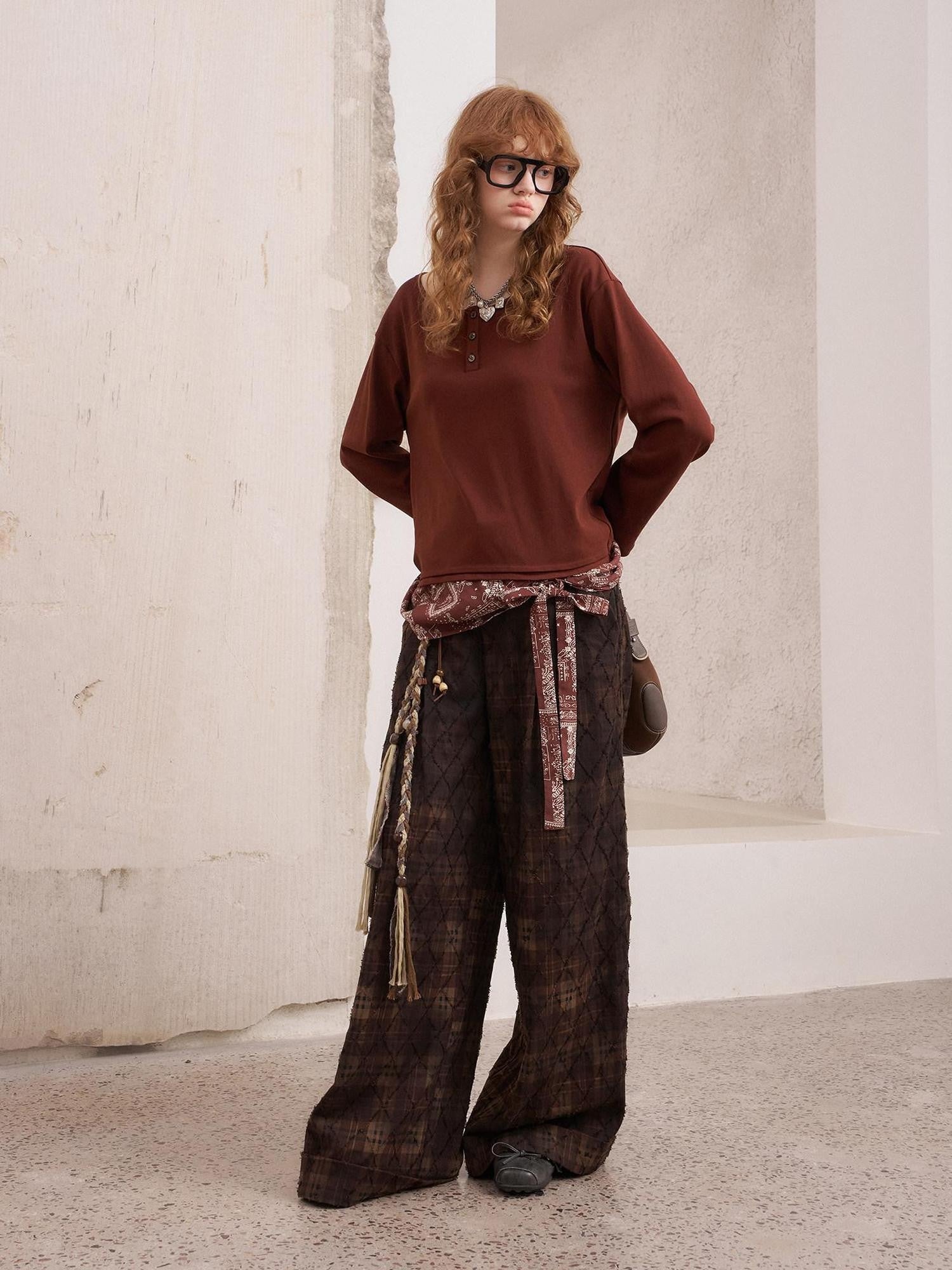 DIDDI MODA Textured Plaid Cuffed Relaxed Straight Women&