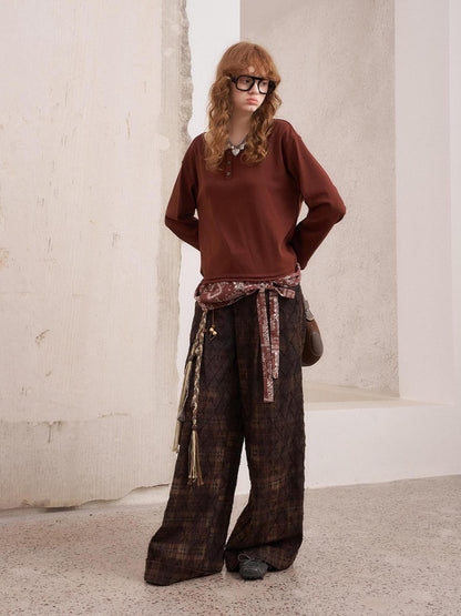DIDDI MODA Textured Plaid Cuffed Relaxed Straight Women&