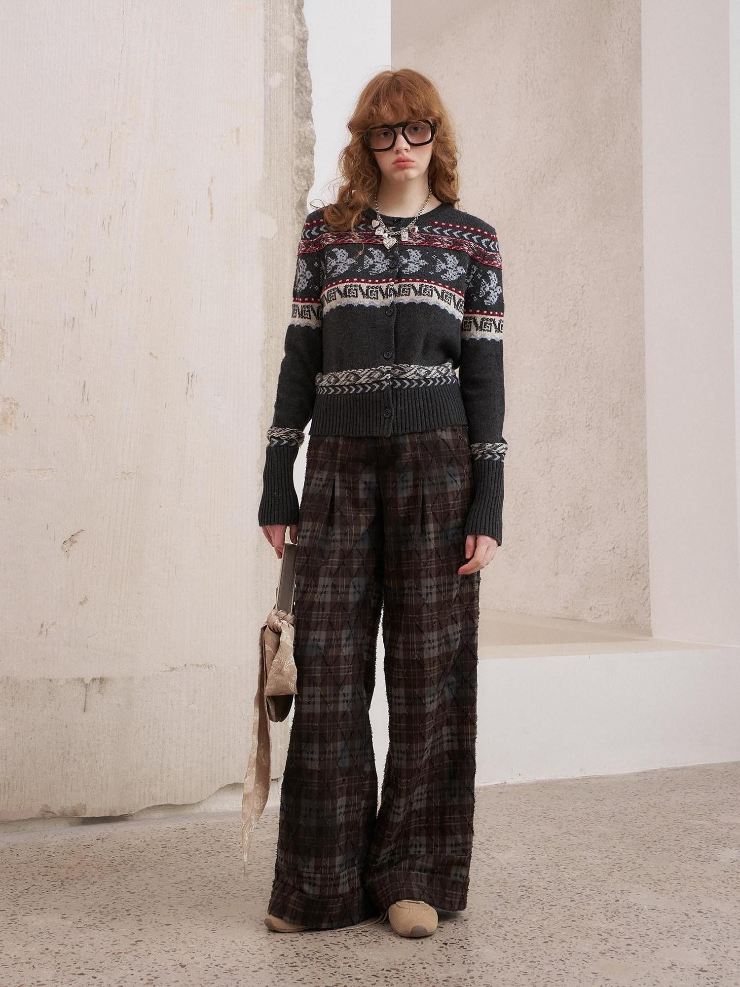 DIDDI MODA Textured Plaid Cuffed Relaxed Straight Women&