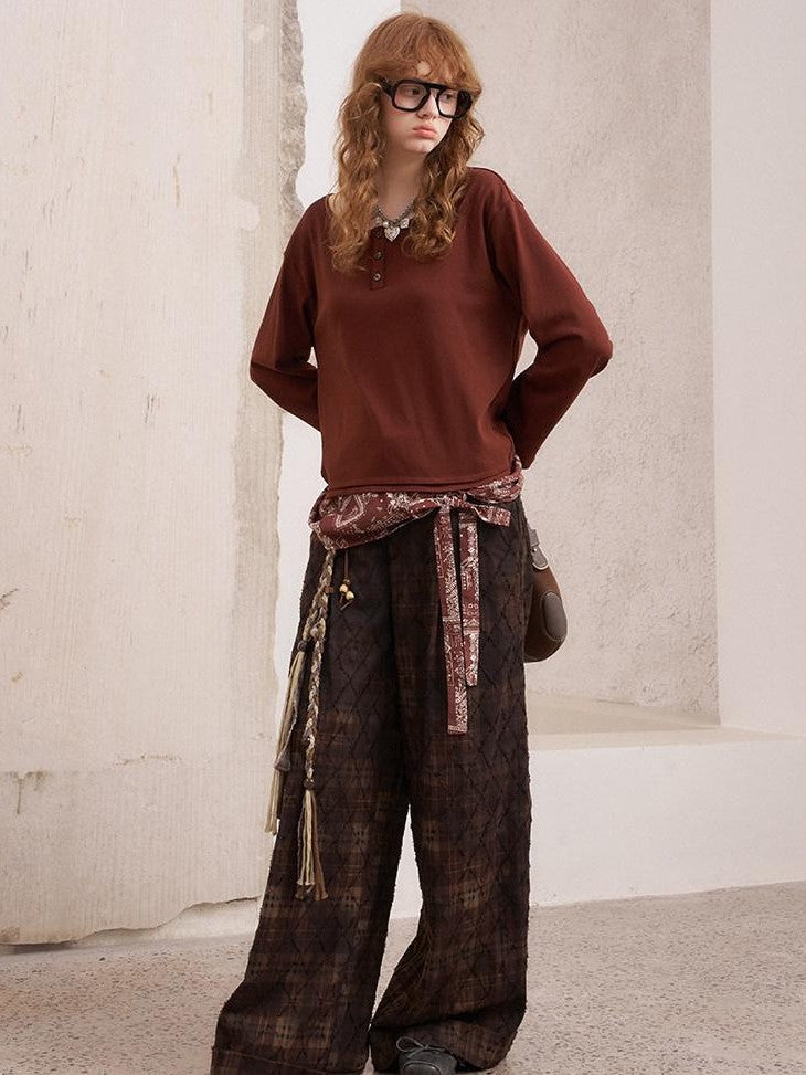 DIDDI MODA Textured Plaid Cuffed Relaxed Straight Women&