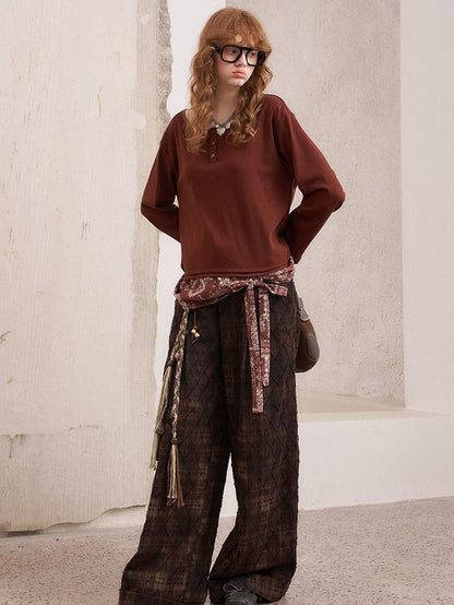 DIDDI MODA Textured Plaid Cuffed Relaxed Straight Women&