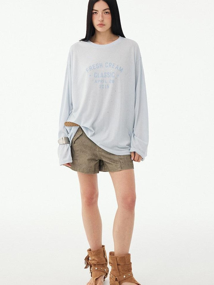 DIDDI MODA Textured Sheer Vintage Distressed Slogan Print Women&