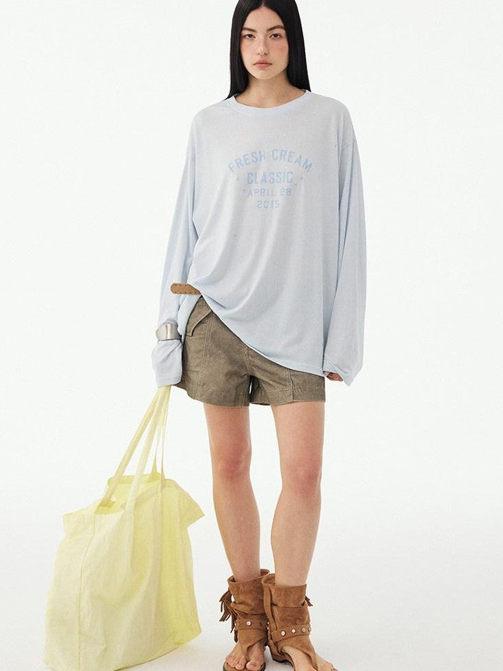 DIDDI MODA Textured Sheer Vintage Distressed Slogan Print Women&